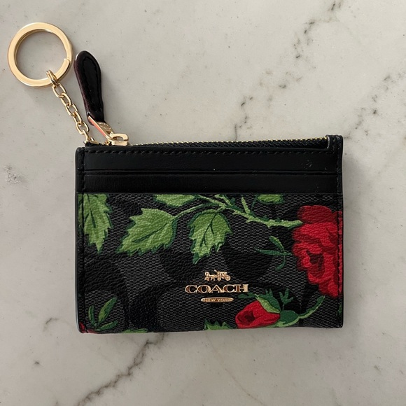 Coach Black and Red Floral Key Card Holder - Picture 1 of 7